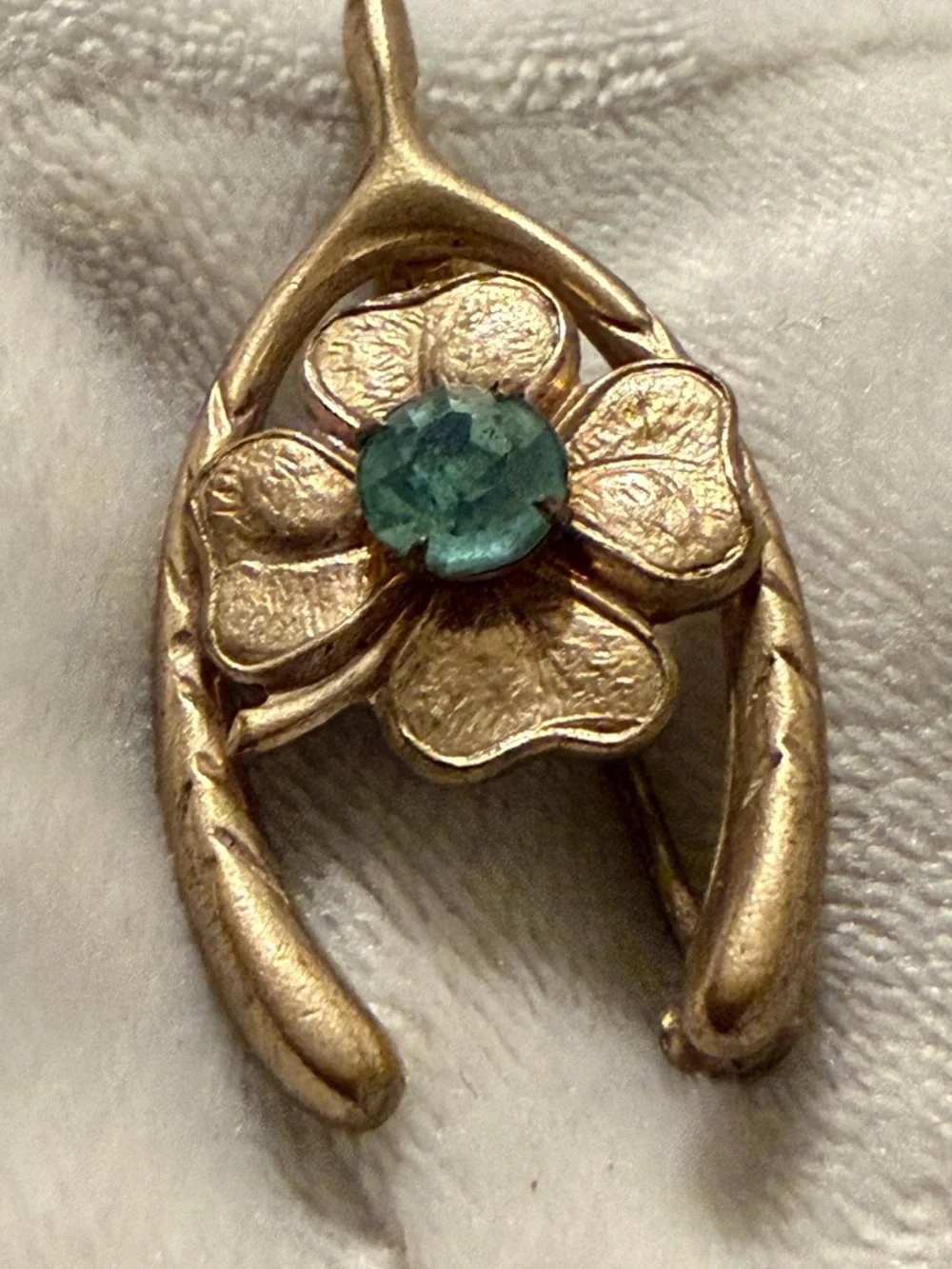 Gold Floral Wishbone Pendant with Teal Stone